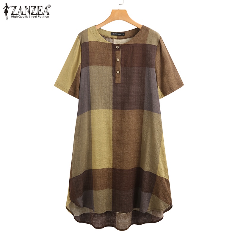 ZANZEA Women Casual Plaid Printed V Neck Asymmetric Hem Tops Shirt Midi Dress