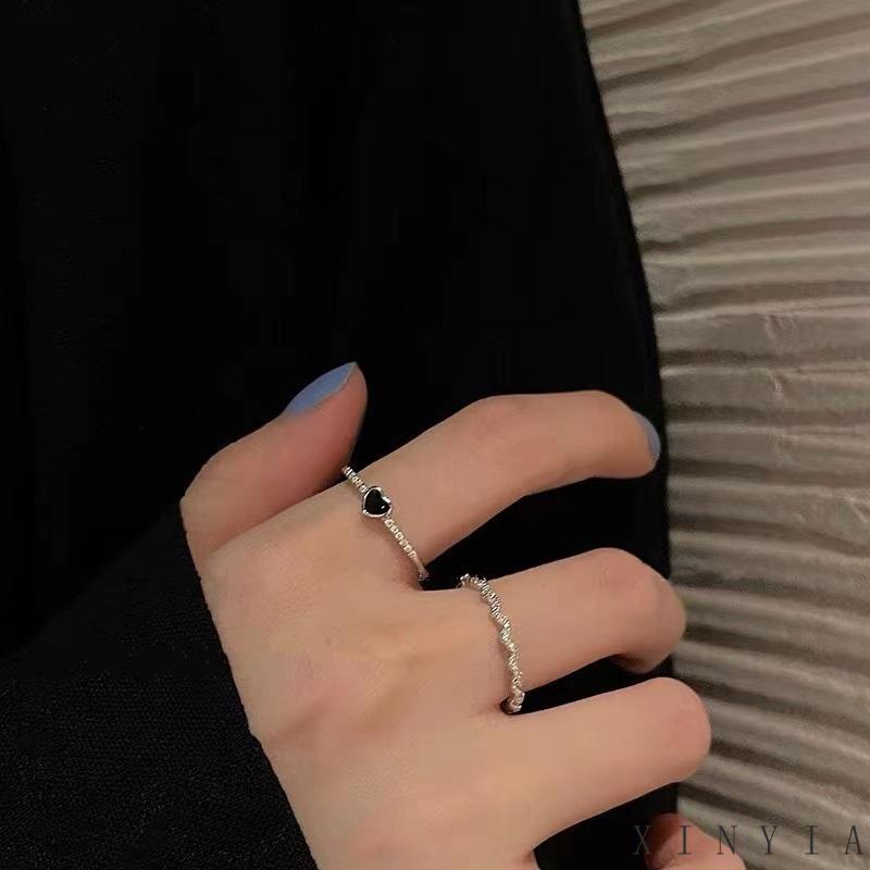 【COD】Elegan Glittery Hitam Zirkon Jantung Pesona Cincin Untuk Wanita Perempuan Korea Perak Memutar Terbuka Cincin Fashion