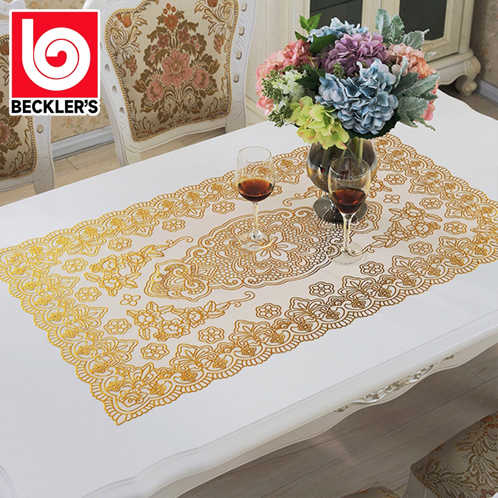 Beckler's Taplak Meja Ruang Tamu Plastik PVC Gold / Silver Tahan Air Renda Hias Vinyl 3 UKURAN Dan High Quality