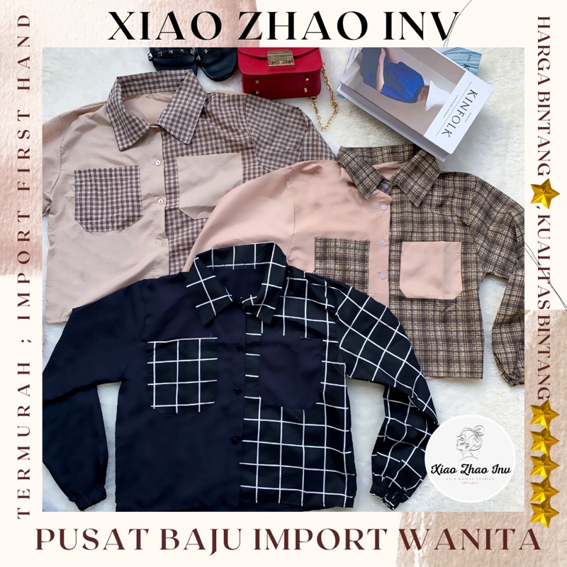 Kemeja Cewek Kerja Kantor Kuliah Hem Baju Atasan Murah Hem Crepe Vd829 [Km Yumi Hitam Ro] Katun Ra K