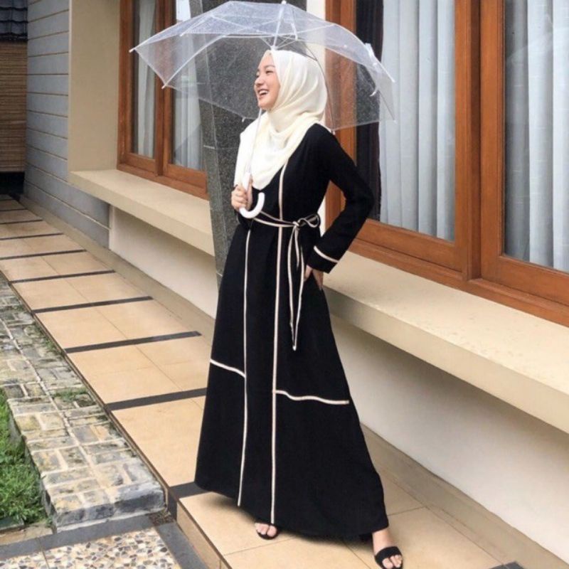 Abaya Hitam Basic List Gamis Syari Bahan Jet black Hitam Pekat Busui friendly-List sabuk + logo