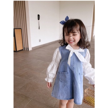 DRESS ANAK CEWEK BAHAN DENIM PITA SILANG TERUSAN JEANS PITA PUTIH