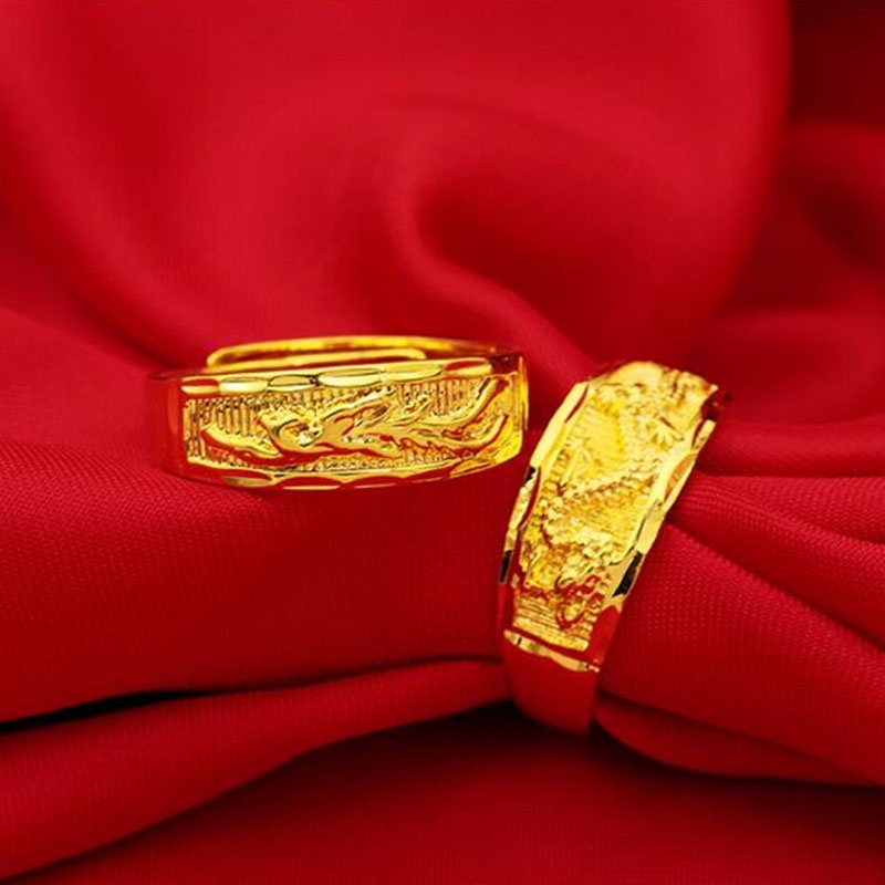 Tembaga Murni Berlapis Emas Pernikahan Naga Dan Phoenix Cincin Terbuka Untuk Pria Dan Wanita Pasangan Cincin Pasir Imitasi Emas