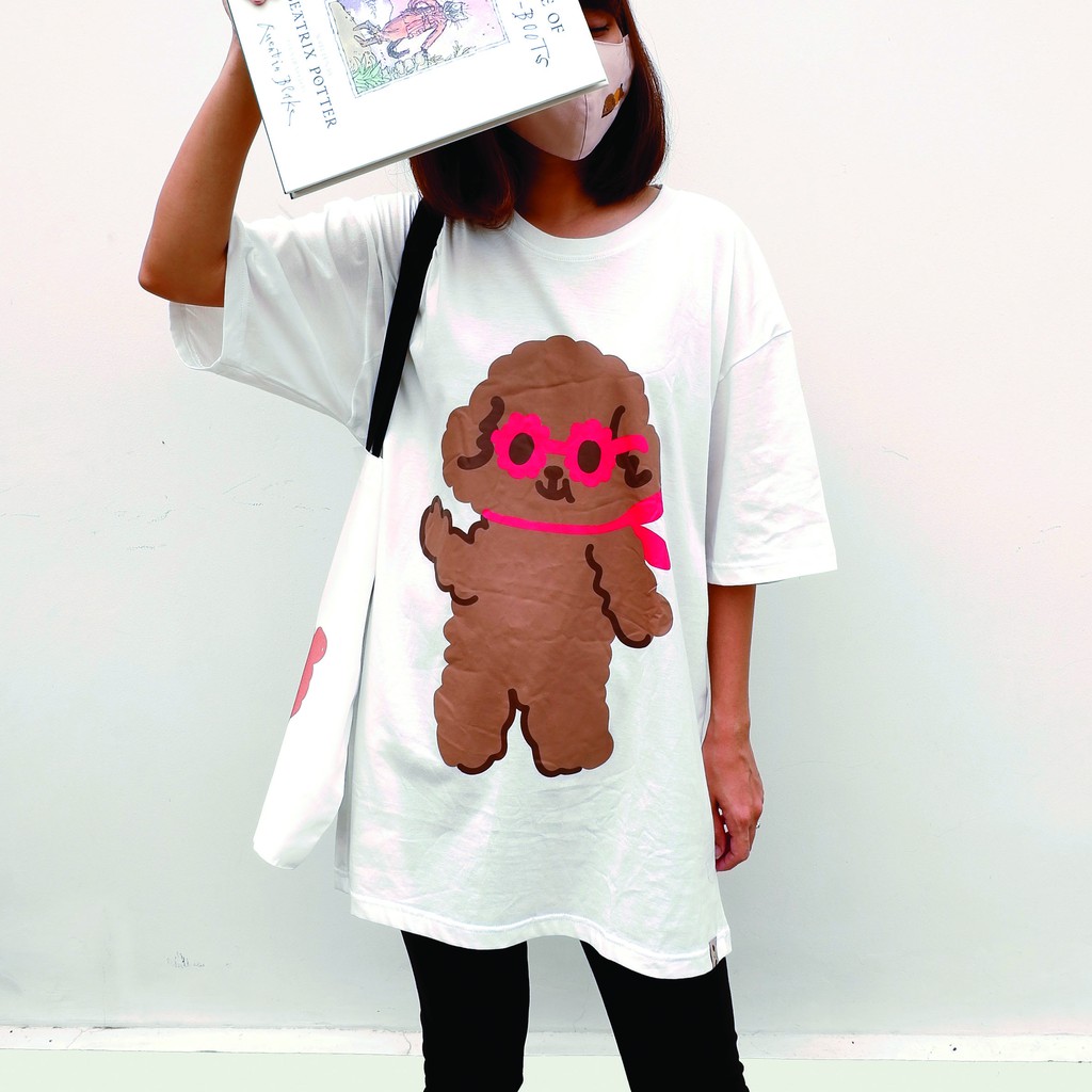 Oversize T-shirt Poodle wear Glasses (White) Kellys.Co
