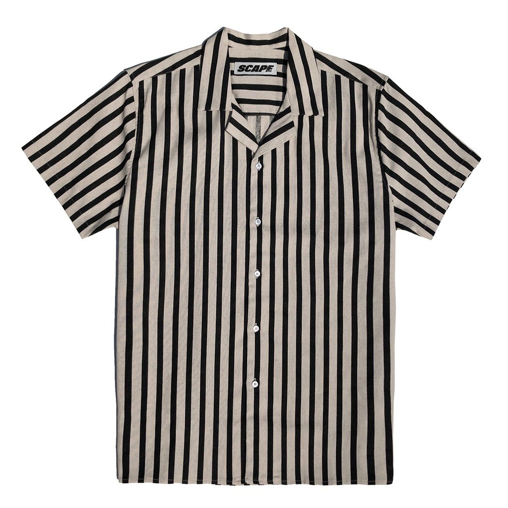 Original Scape Gear Arrow Linen Kemeja Kasual Motif Garis Baju Pakaian Krem Pantai Hawai Shirt Strip