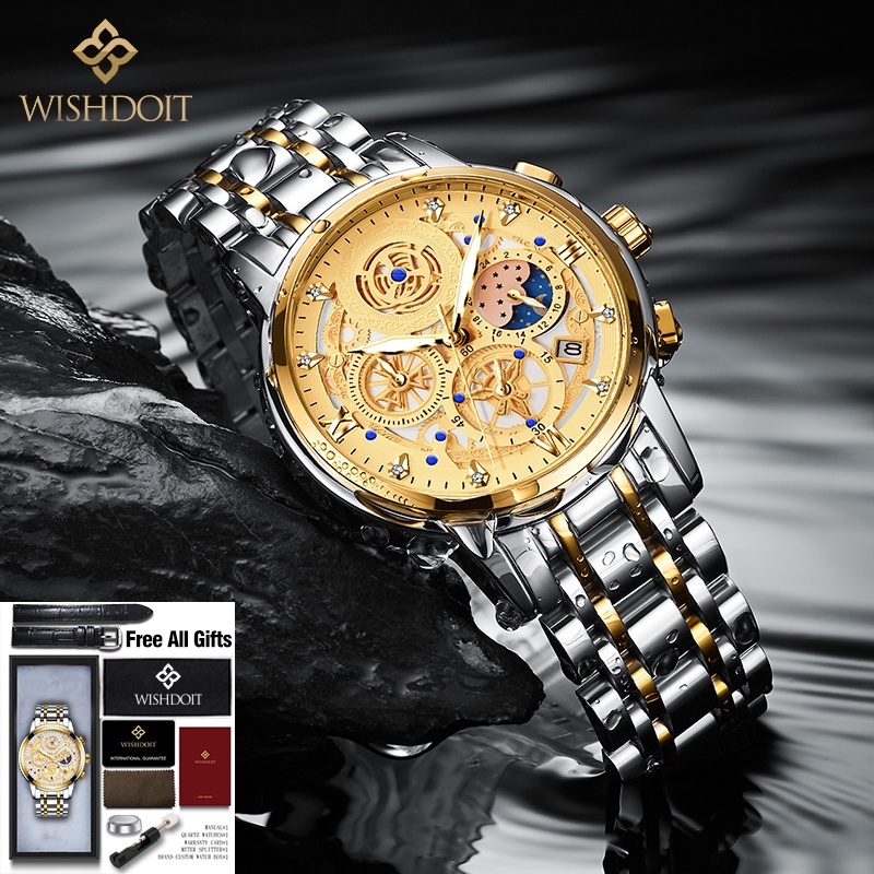 WISHDOIT Jam Tangan Pria Original Tahan Anti Air Laki Laki Lelaki Terbaru Keren Jam Tangan Cowok Besi Tahan Karat Silver/Hitam Luxury Men Watch Waterproof Stainless Steel Fashion Analog Sun/Moon/Stars Multifunction Chronograph Mechanical [Real Three Eyes]-Golden Silver