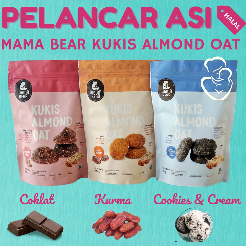 MamaBear Kukis Almond Oat ASI Booster Pelancar rasa Coklat Cookies Cream Kurma mama Bear choco chips