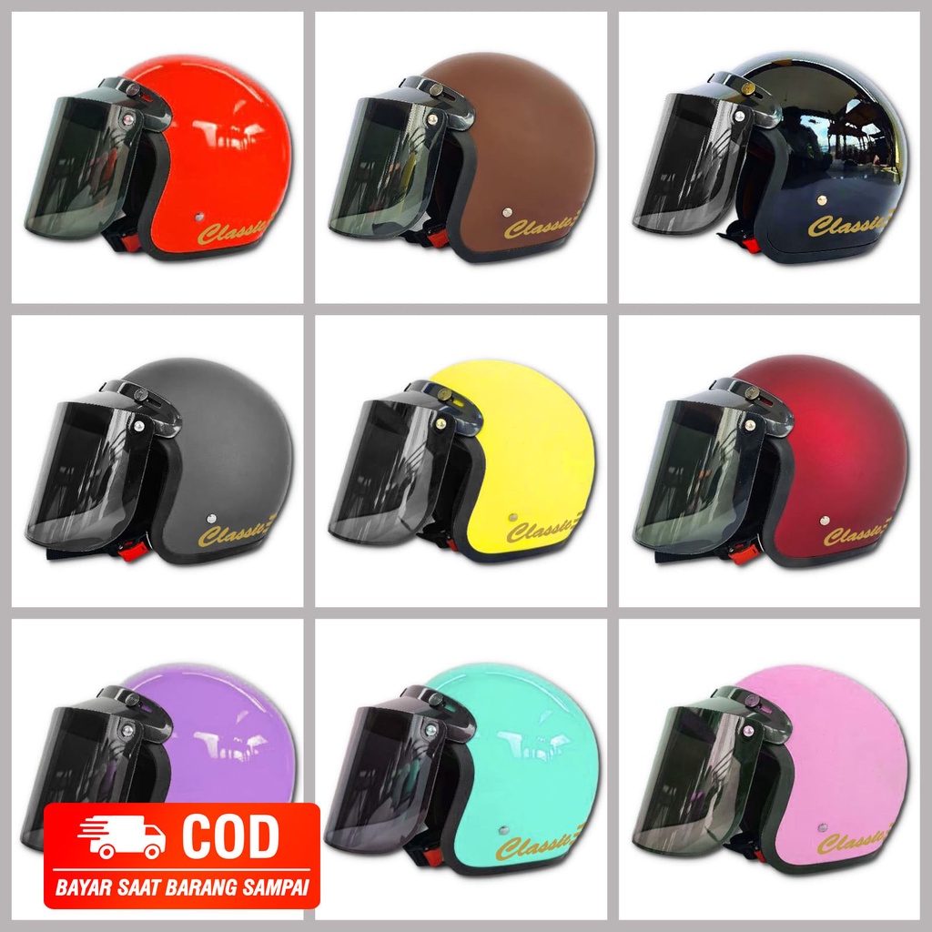 HELM BOGO CLASSIC GARIS TIGA KACA DATAR HELM BOGO DEWASA FULL LEHER CEWEK COWOK