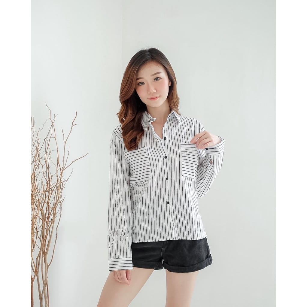 BEFAST - ZFS OOTD Wanita kemeja DASOM / ZALIE RAYON VISCOSE SHIRT / ZALIE RAYON VISCOSE SHIRT / Kemeja Garis-Garis / Kem Wanita Remaja Kekiniaan / Fashion Atasan Kemeja Kampus / Terlaris / Kemeja Casual