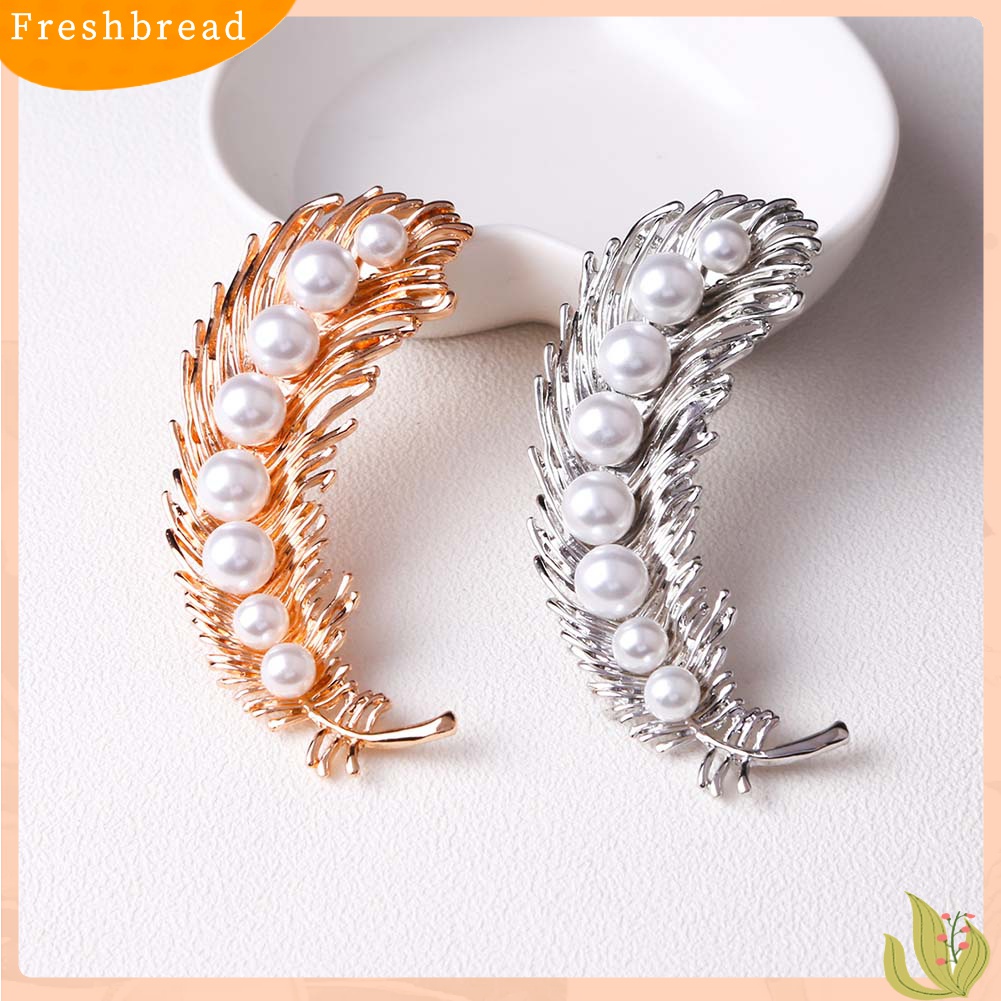 [ TERLARIS]Elegant Women Faux Pearl Inlaid Feather Shape Brooch Pin Corsage Scarf Accessory