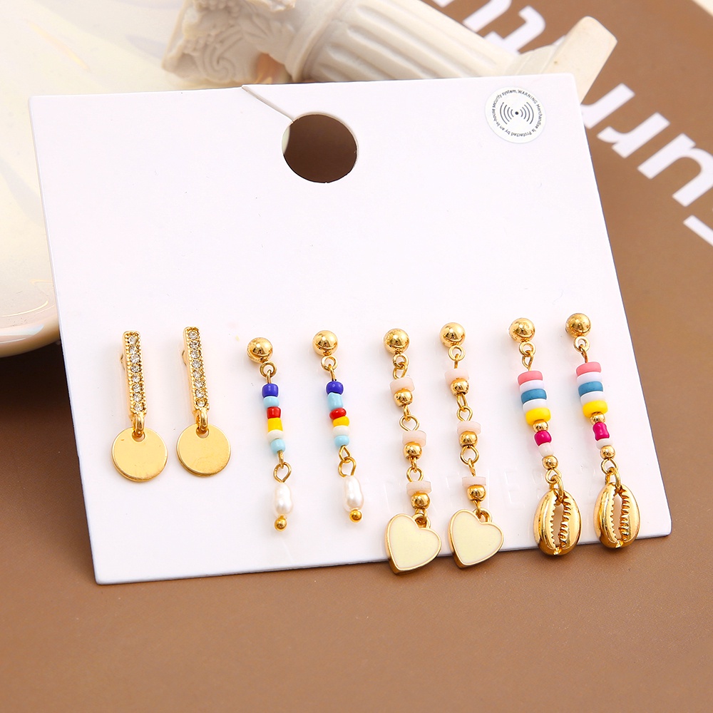 4 Pasang / set Anting Manik-Manik Kerang Hati Wafer Warna Emas Gaya Retro Untuk Wanita