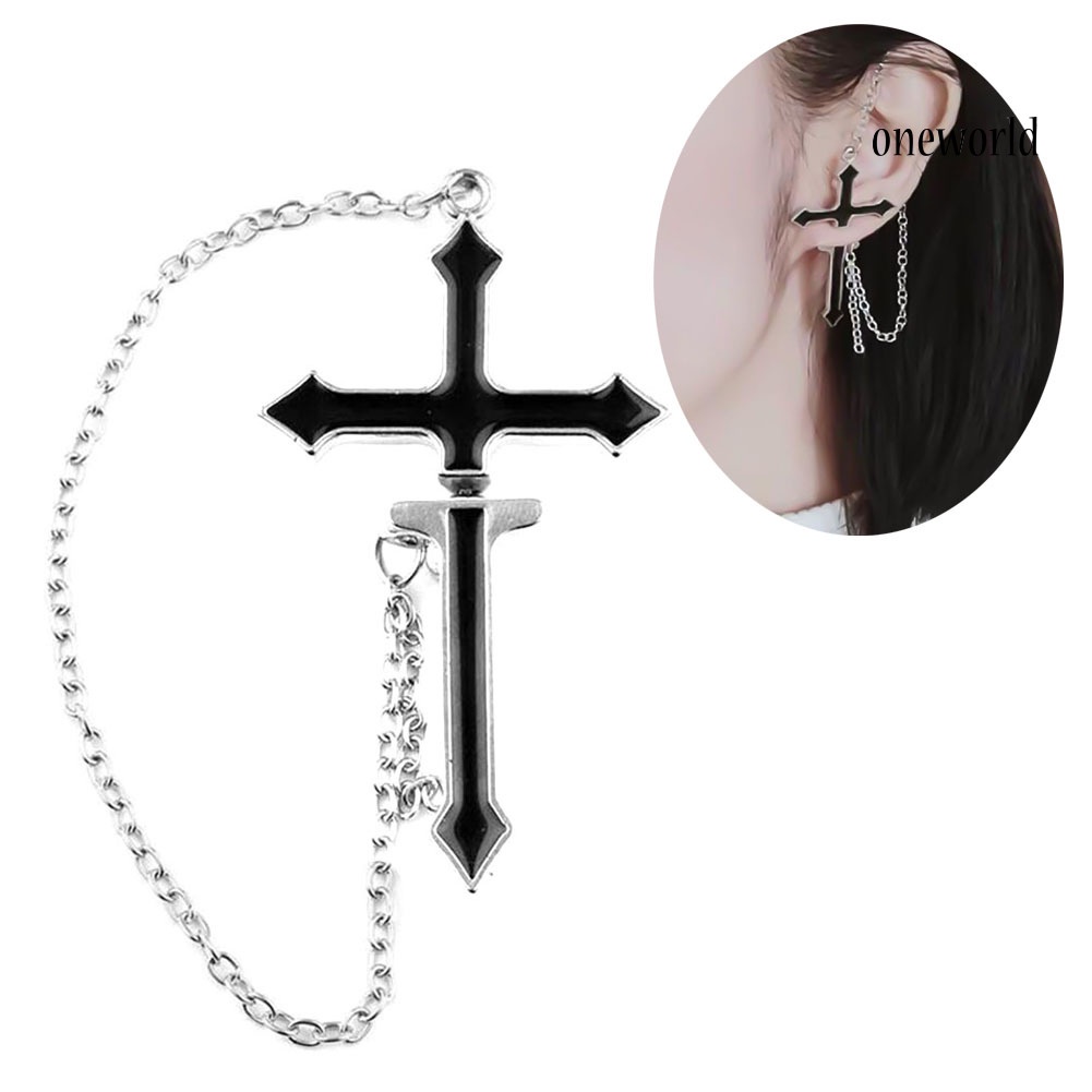 OW@ 1Pc Unisex Punk Cross Drop Long Chain Cartilage Stud Earring Piercing Jewelry