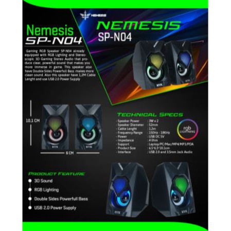 Speaker gaming nyk nemesis wired usb audio 3.5mm 3d sound stereo bass rgb for pc laptop hp sp-n04 04