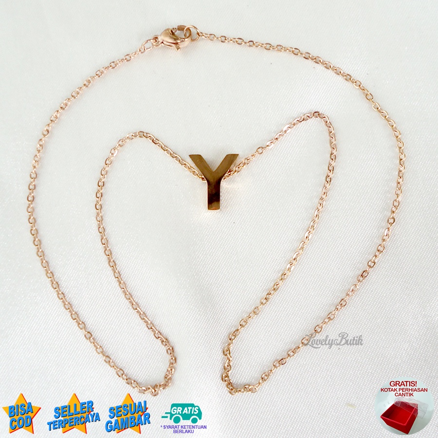 Lovelybutik Kalung Titanium Inisial Abjad Nagita 4ccent Kalung Alfabet Huruf Titanium  M,R,T,W,Y Warna Rosegold Bonus Kotak Perhiasan