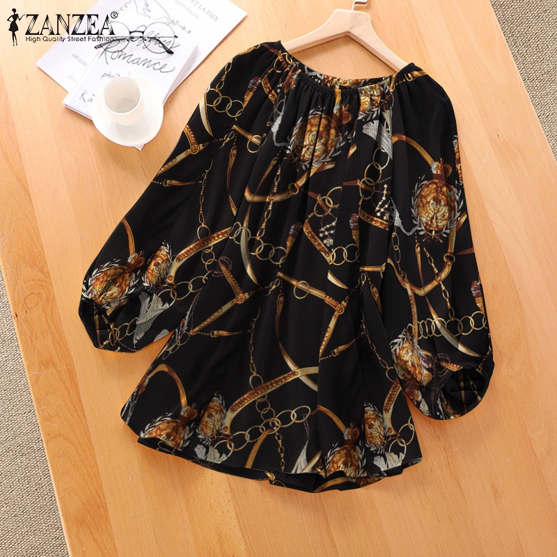 ZANZEA Women Long Sleeve O-Neck Back Buttons Vintage Print Pleated Loose Blouse