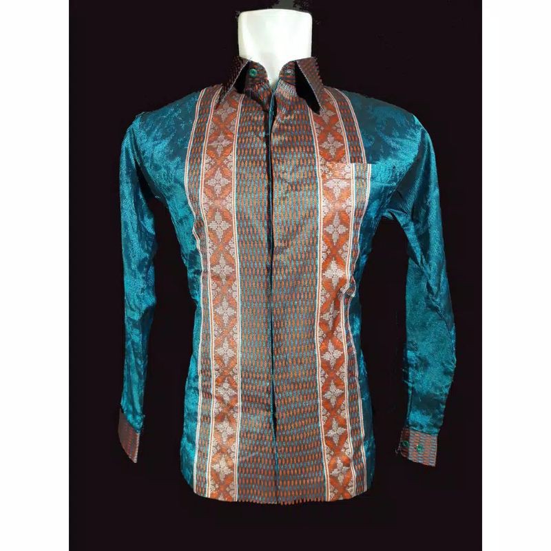 Kemeja Songket Biru turkis | Kemeja Tenun | Kemeja Baron