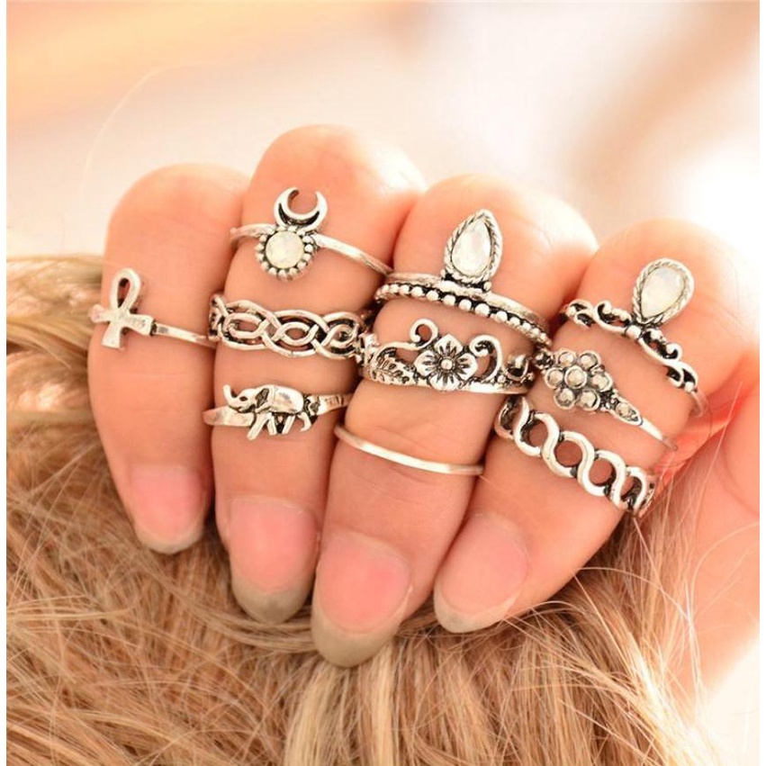 [ACKER] 10 Pcs/set Retro Gajah Bunga Bulan Midi Rings Set Untuk Wanita