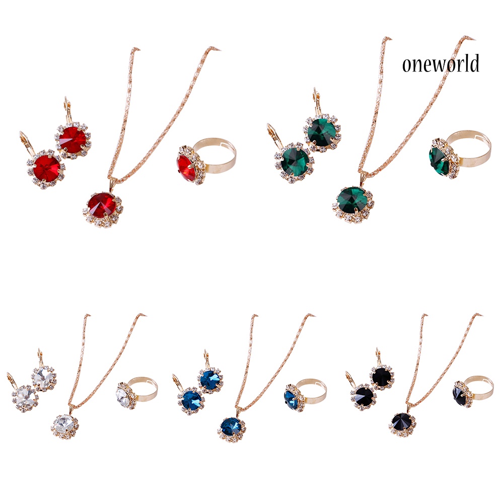 OW@ Fashion Women Circle Rhinestone Necklace Earrings Ring Pendants Jewelry Set