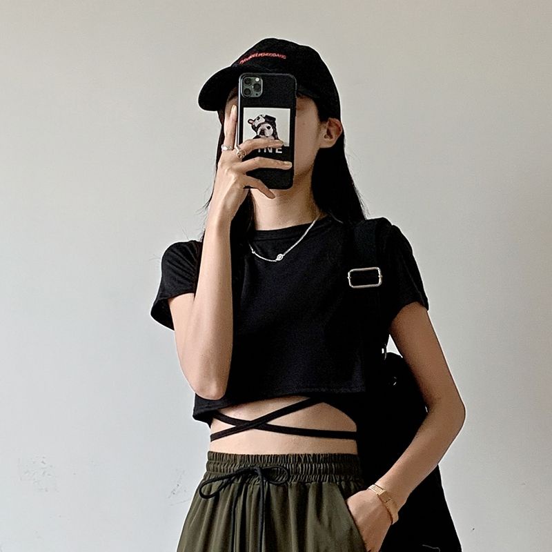 String round Neck Ribbed Crop Top Silang Perut Korean Style Atasan Croptop cewek pendek tali ikat ri