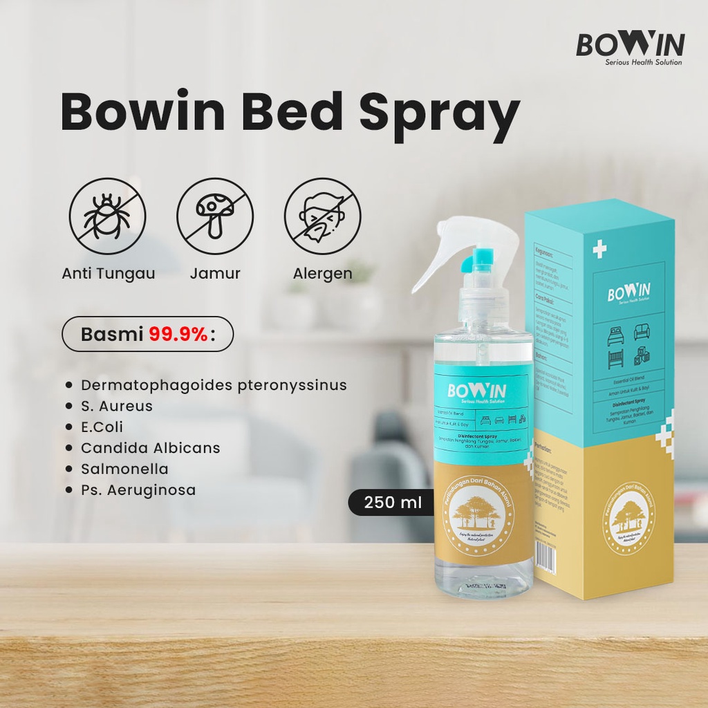 Bowin Anti Tungau Kasur &amp; Selimut - Bed &amp; Linen Spray 100% Organic  | Anti Bakteri, Kuman &amp; Virus | Essential Oil Aroma Therapy