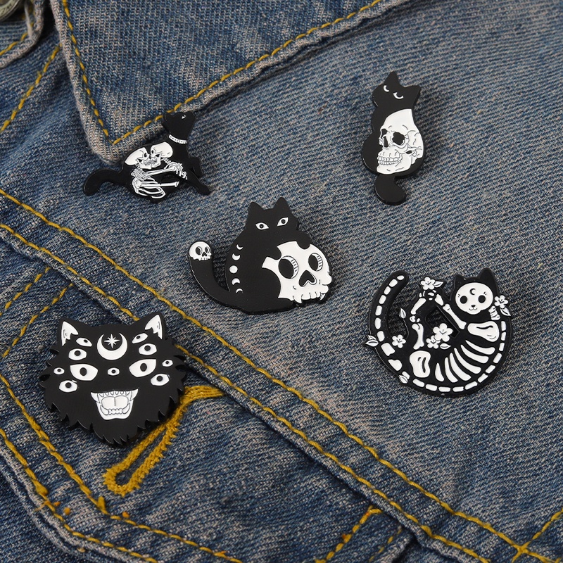 Bros Pin Enamel Bentuk Kucing Tengkorak 5 Gaya Gothic Punk Untuk Hadiah