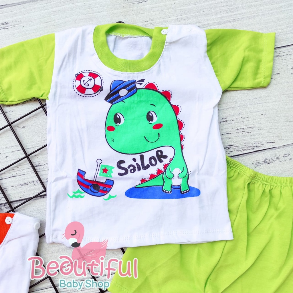 Setelan Baju Bayi Lengan Pendek Motif Dino Sailor / Setelan Pendek Bayi Murah / Baju Bayi Pendek / Baju Harian Bayi / Baby.ou_