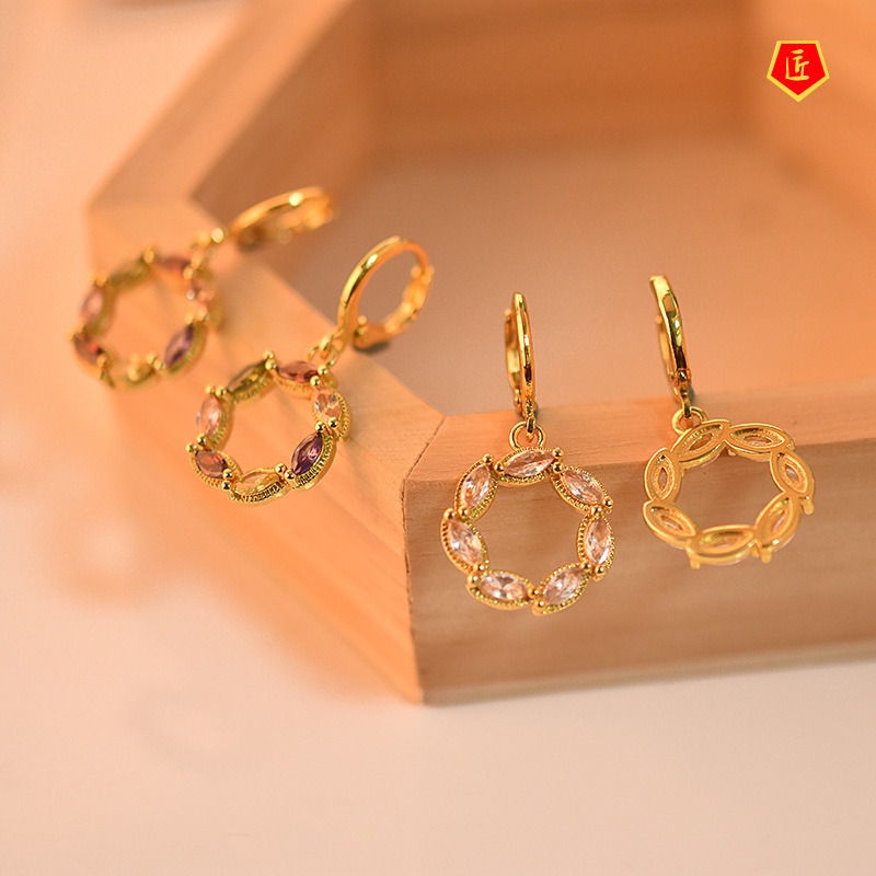 [Ready Stock]Temperament 18K Gold Geometric Shape Colored Gems Earrings