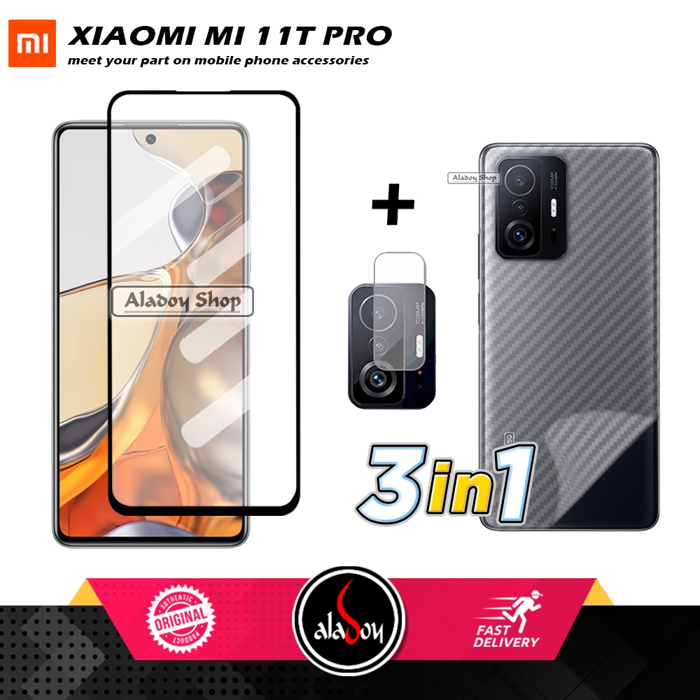 PAKET 3 IN 1 Tempered Glass Layar Xiaomi Mi 11T Pro Free Tempered Glass Camera dan Skin Carbon