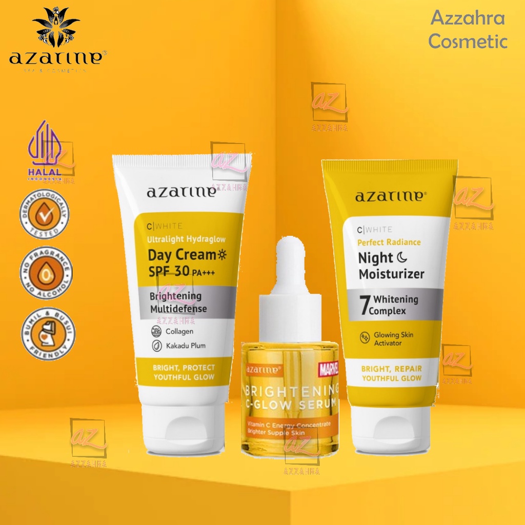 AZARINE Paket Memutihkan Wajah C White - 3pcs (Serum 20ml + Day cream 25gr + Night Cream 25gr)ORIGINAL BPOM