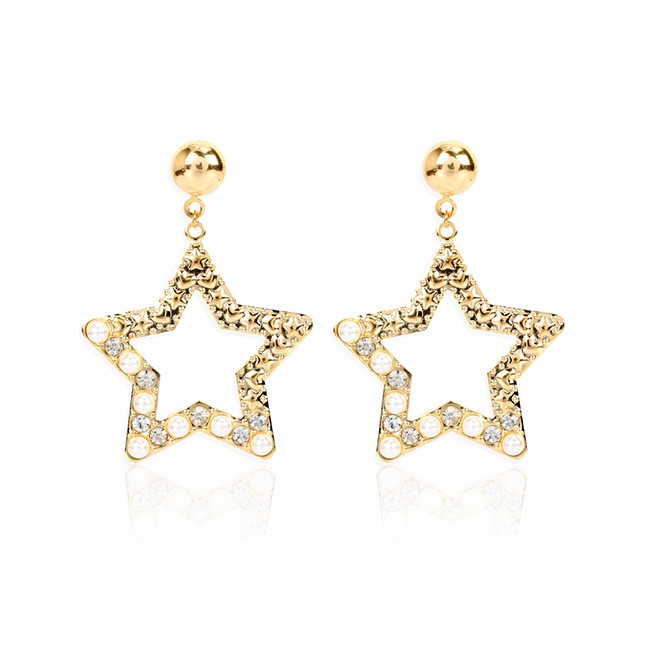 LRC Anting Tusuk Fashion Golden Hollow Stars And Diamond Earrings K44371