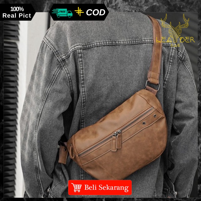 Tas Selempang Kulit Pria Import Original Waterproof Warna Coklat Waistbag Tas Pinggang Kulit Cowok Distro Ori Keren Trendy Model Terbaru LANGHAM A36