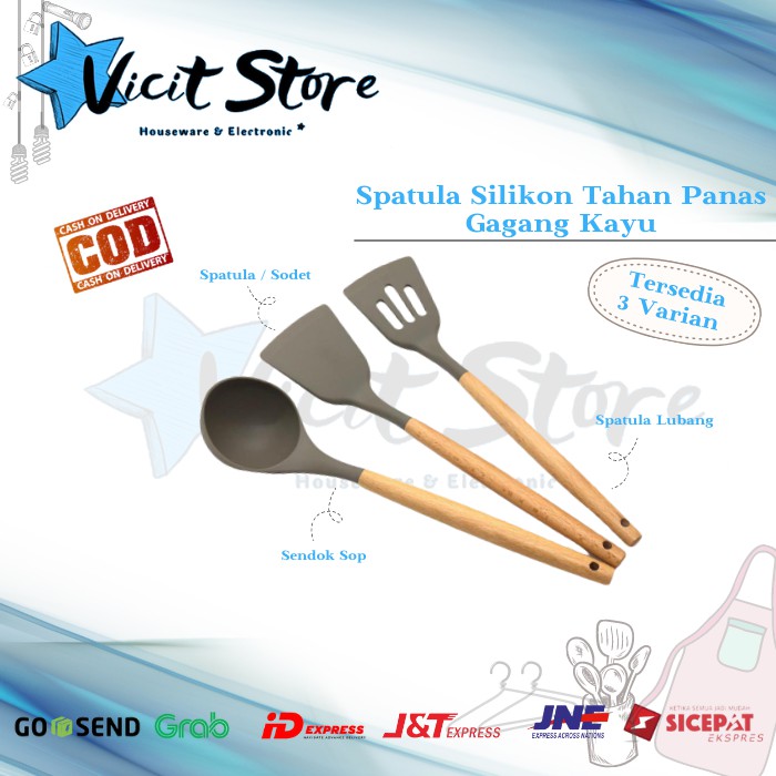 Spatula Silikon Tahan Panas Gagang Kayu 3 Varian ( Harga 1pcs ) kode 191