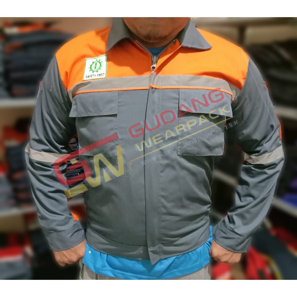 Star Wearpack - Baju Proyek Lengan Panjang Warna Abu Kombinasi Oren