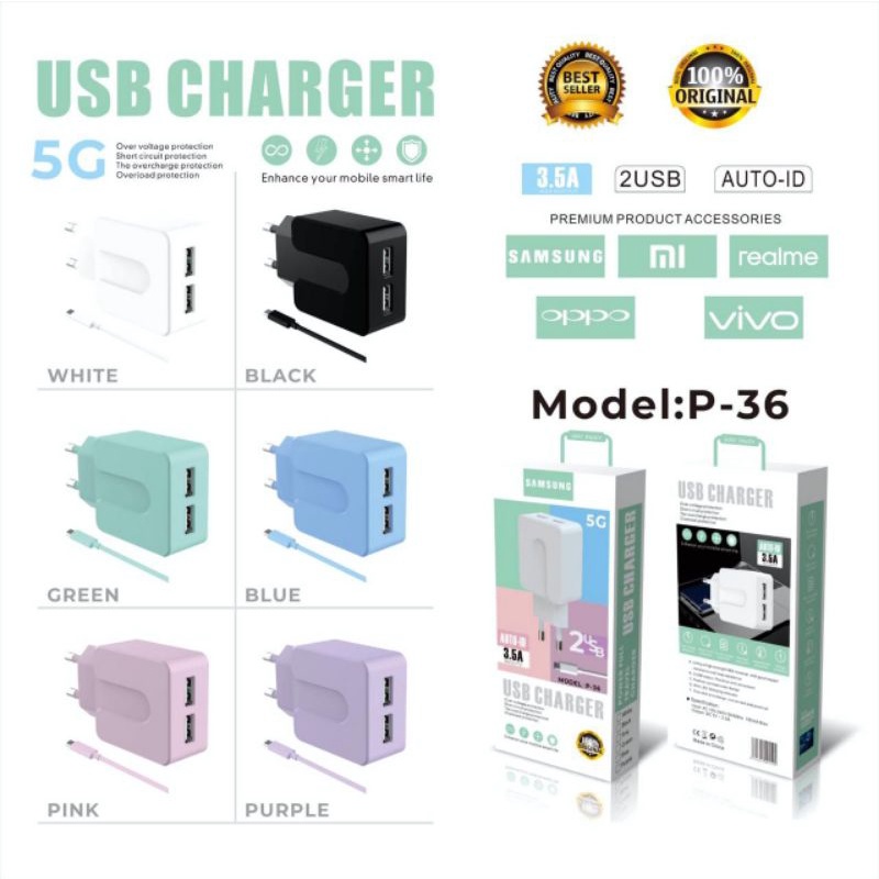 Charger P-36 Macaron 2USB Branded Colokan Micro/V8