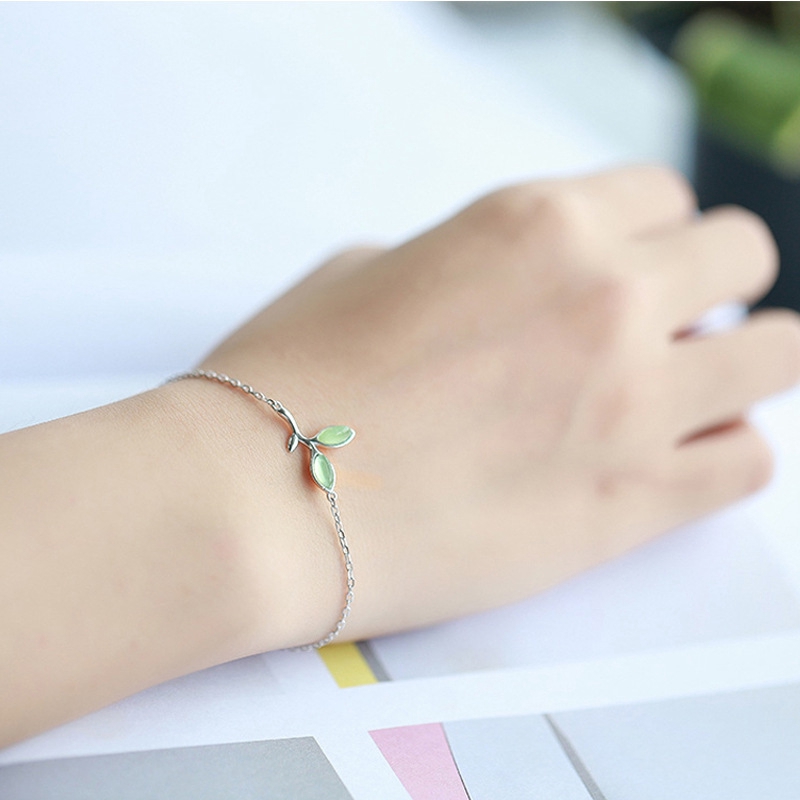 Gelang Tumpuk Bracelet Daun Opal Daun Muda Rantai Perak Versi Korea Perhiasan Bracelets Jewelry-4