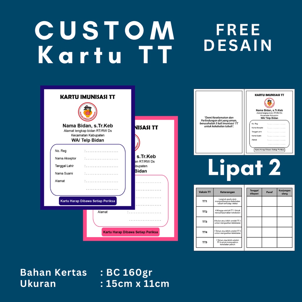 

Kartu Imunisasi TT / Kartu Bidan / Kartu TT / Buku TT / Custom