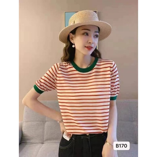 Velma Stripe T Shirt Top Knit Import - Kaos Wanita Lengan Pendek - Atasan Wanita Salur TM (B170)