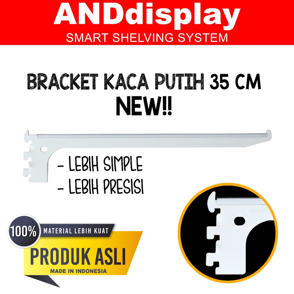 DAUN AMBALAN BRACKET KACA 35 CM PUTIH PENYANGGA RAK BRAKET ANDDISPLAY