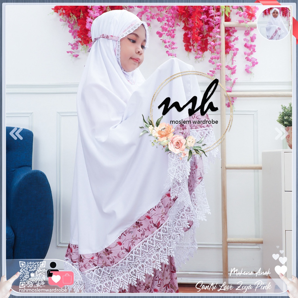 [𝓷𝓼𝓸] Mukena Anak Santri Renda Love (Muat Hingga Ukuran Tanggung banyak warna)-Zoya Pink