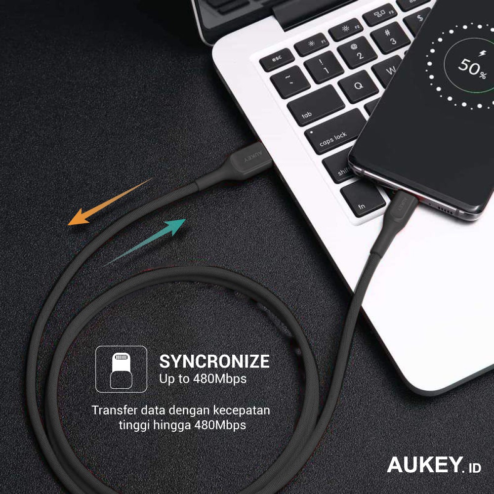 Aukey Cable CB-AKL1 MFI USB A To Lightning Kevlar Cable 1.2M Black- 500420