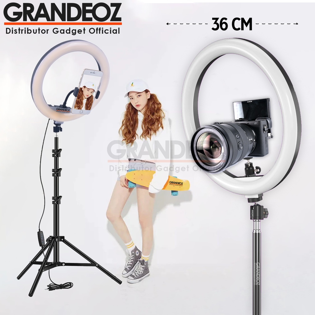 PAKET RING LIGHT BESAR 46CM + TRIPOD 2M Lampu Rias Make Up Vlog Video Studio 36cm Holder Kamera Hand