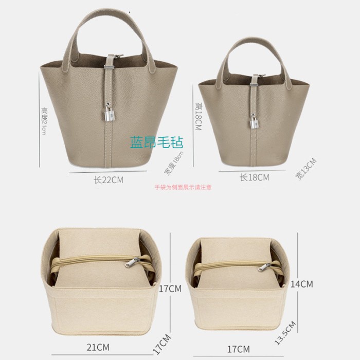 felt Top zipper Bag organizer for picotin bucket bag / insert bag