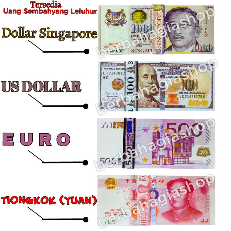Duit Uang Kertas Sembahyang Arwah Leluhur Cepi US Dollar EURO Yuan Ceng Beng Qing Ming
