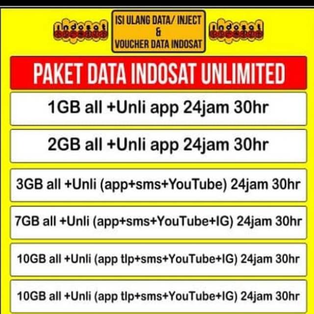 [INJECT/VOUCHER] Paket Data Indosat Unlimited 1GB 2GB 3GB 5GB 7GB REGULER