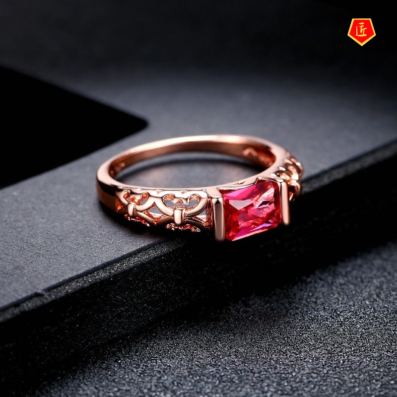 [Ready Stock]925 Silver Rose Gold Hollow Square Diamond Ring