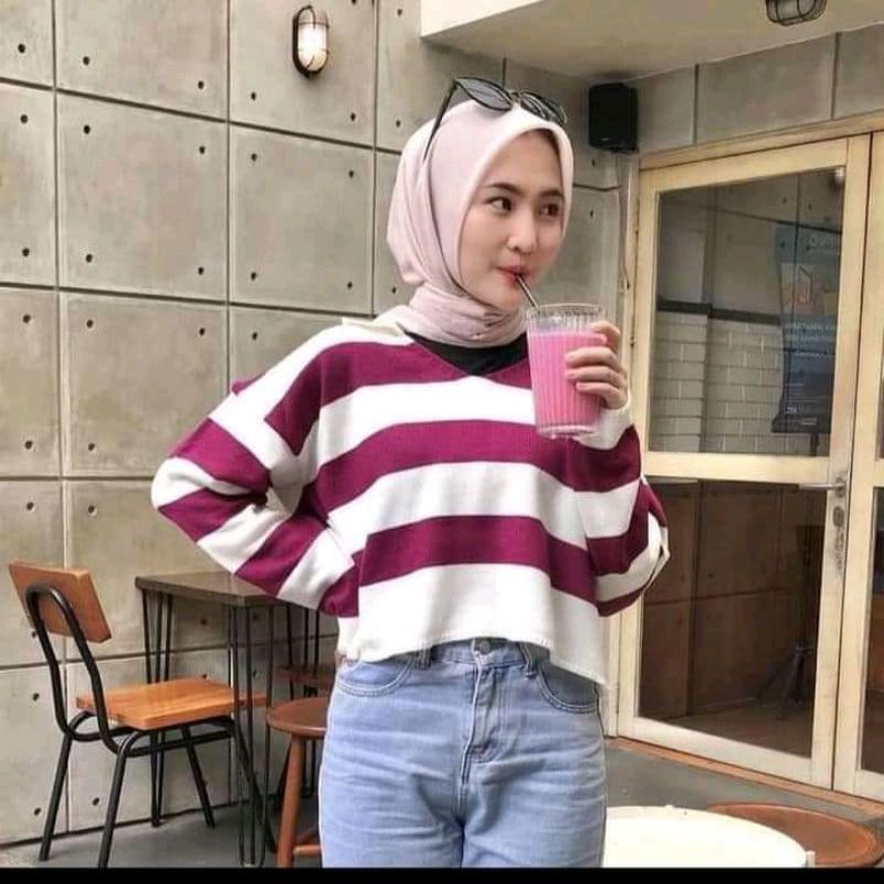 BAJU RAJUT CROPTOP BLASTER GARIS SALUR PREMIUM FUJI SWEATER/Baju rajut kekinian/baju model terbaru/b