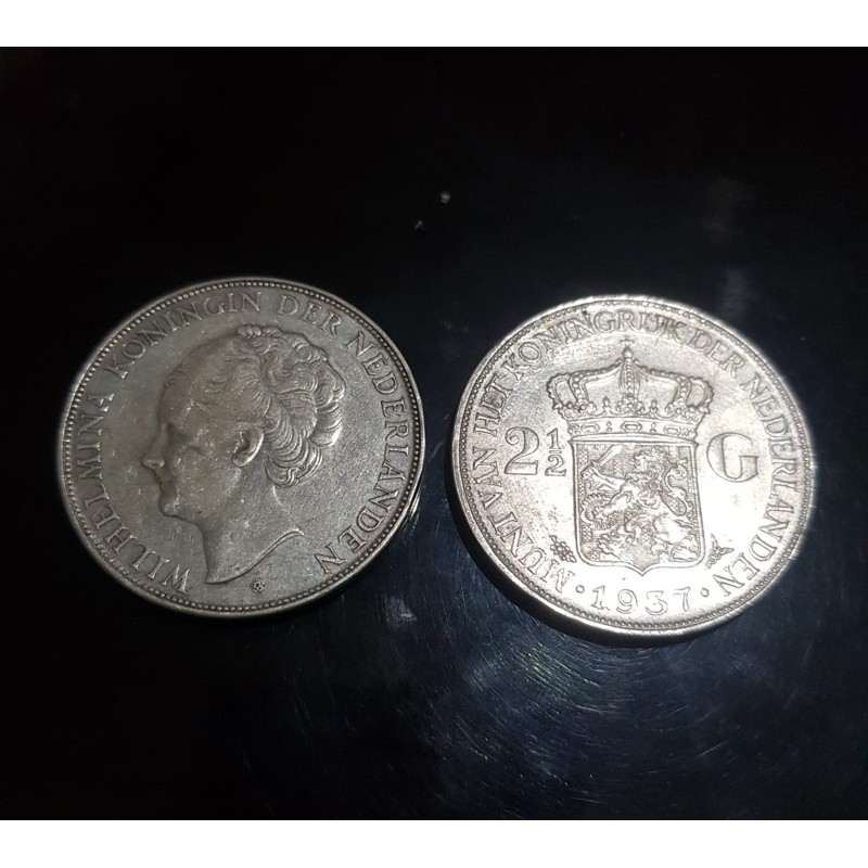 Uang Koin Kuno Perak 2 1/2 G Wilhelmina Tahun 1937