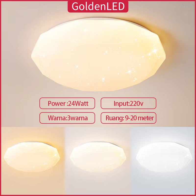 Golden LED Lampu Plafon / Ceilling Lamp / Lampu Hias Plafon / Lampu Ruang Tamu / Lampu Kamar Tidur 24Watt 27Watt 3 mode cahaya - Diamond