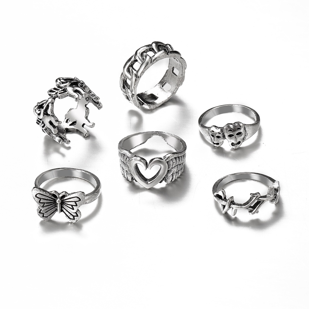 6 Pcs/Set Cincin Perak Antik Jantung Persik Gothic Kupu-kupu Ornamen Pesta Fashion Halloween Berongga Yang Dipersonalisasi