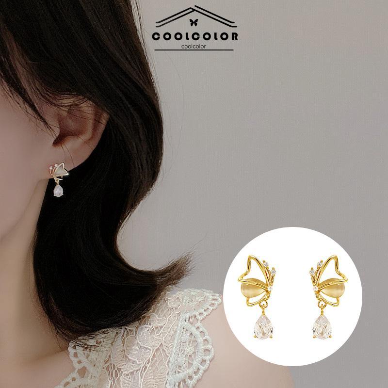 CODOpal Butterfly Love Water Drop Zircon Stud Earrings Desain Niche Wanita Temperamen Kelas Atas- cl